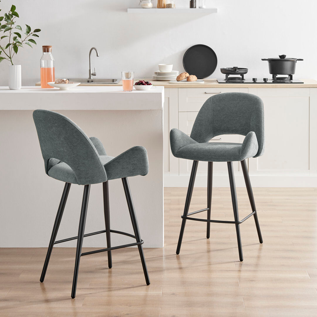 George Oliver Lyla Luxury Fabric Upholstered Breakfast Bar Stools With Metal Legs Grey 96cm H X 54.5cm W X 55cm D