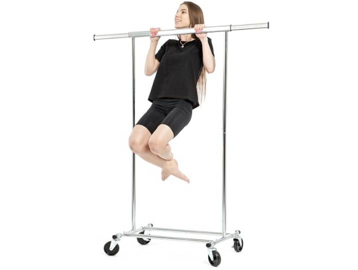Tatkraft Darren Kleiderständer Stabil auf Rollen, bis 100 kg, Klappbar Garderobenständer, Profi Rollgarderobe, 1 Min Montage, Ausziehbare Kleiderstange 91-132x45.4x160 cm, Verchromt Stahl