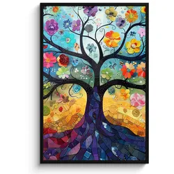 POSTER MIT RAHMEN Kunst - Baum des Lebens - Blumen - Hippie Bilderleiste 80x120 cm
