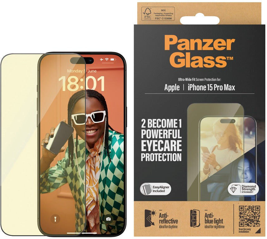 iPhone 15 Pro Max PanzerGlass Ultra Wide Fit Beskyttelsesglas m. EasyAligner - Anti-Reflective - Anti-Blue Light - Diamond Strength - Gennemsigtig / Sort Kant
