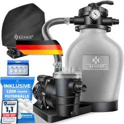 KESSER® Sandfilteranlage mit Pumpe & 1200g Filterbälle   Poolfilter 600W   Sandfilter für Pool 13200L/h Durchfluss   Tankvolumen bis 30kg Sand   7-Wege Ventil mit Druckmanometer, Abdeckung & Zubehör