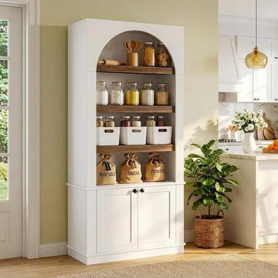 YUZHOU 71-Inch Bookcase with Doors, Arched Storage Cabinet