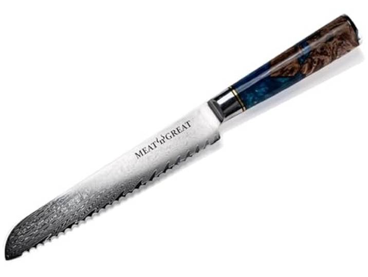 BABOSSA Meat 'n' Great Aquarell Brotmesser mit 20cm Klinge aus VG10 Damaststahl Profi Brotmesser mit Griff aus Epoxidharz und Holz 33cm Gesamtlänge