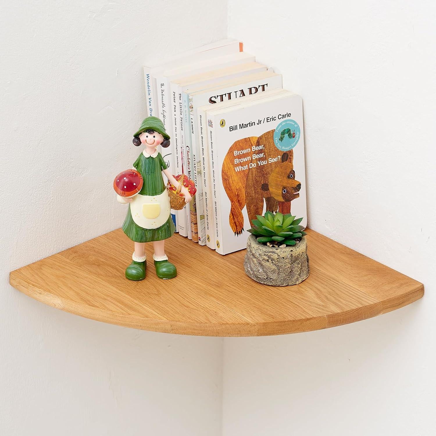 Merkloze massief eiken wandplank voor in de hoek, geschikt voor planten