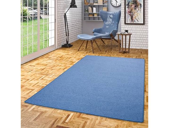 Feinschlingen Velour Kurzflor Teppich Pflegeleicht Strapazierfähig Wohnzimmer Strong Blau