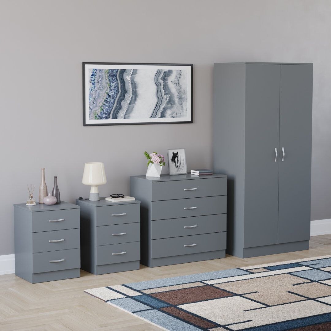 17 Stories Tayce 4 Piece Bedroom Set (3 Drawer Bedside Cabinet X2, 4 Drawer Chest, 2 Door Wardrobe) Grey