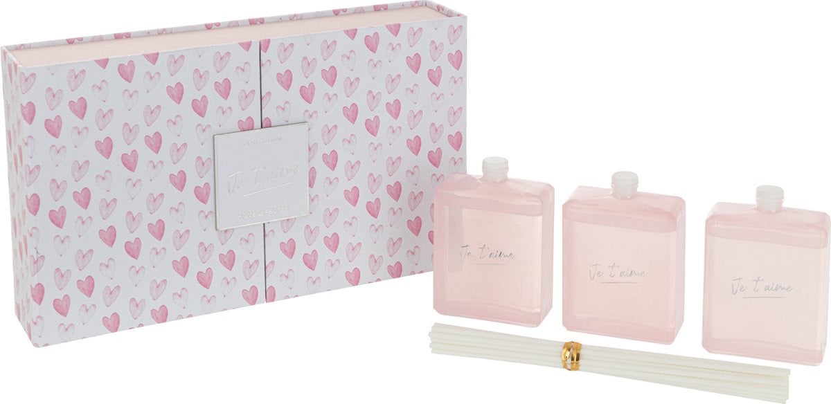 J-Line geurstokjes Je T'aime Mimosa & Rose roze glas doos van 3 stuks