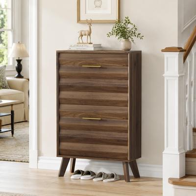 23.6-Inch Walnut Wood Slim Flip-Top Shoe Cabinet, Mid-Century Modern Freestanding Shoe Cabinet