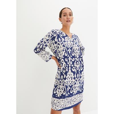 Tunikakleid BONPRIX, Damen, Gr. 52, N-Gr, 3/4 Arm, Web, blau (dunkelblau, creme bedruckt), Web, Obermaterial: 100% Viskose, A-Linie, Kleider, aus Viskose, eleganter Stil, A-Linien-Passform, 3/4-Ärmel