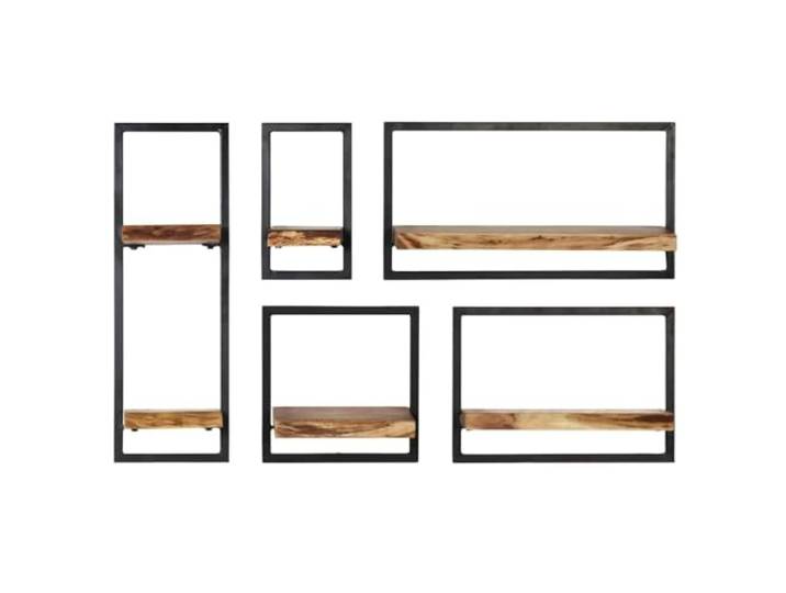Set mit 5 Wandregalen, Akazienholz und Stahl Verschiedene Größen, einzeln oder zusammen montiert, Industrie-Stil, Bücher und Ornamente, pulverbeschichteter Stahl