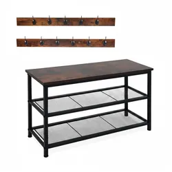 Relaxdays Schuhregal mit Garderobe, Schuhablage 6 Paar Schuhe, HBT: 45x80x30 cm, Hakenleisten, Industrial, schwarz/braun