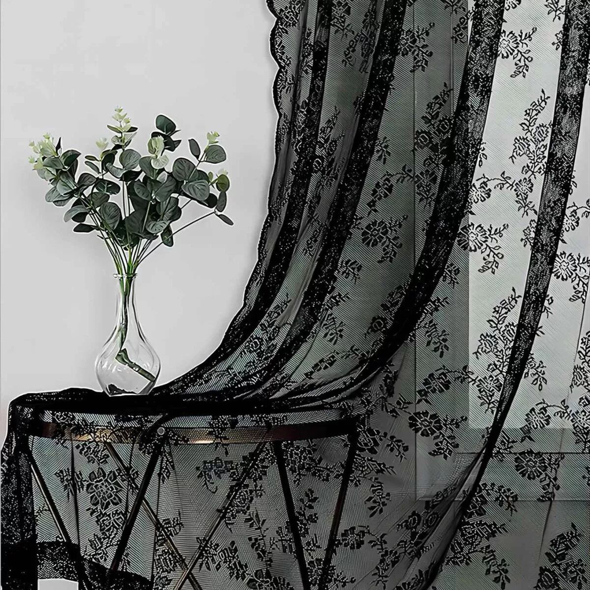 INF Rideaux en dentelle noire 2 pièces