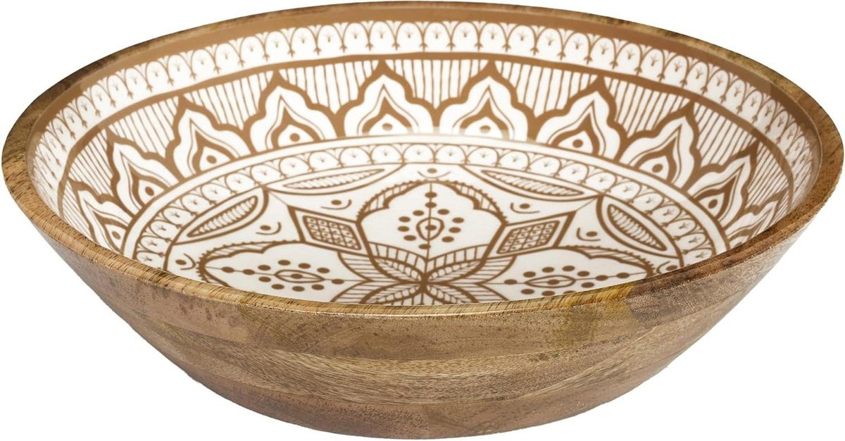 Handgemaakte Saladekom Serveerschaal - Wit Bruin Oranje - Diameter: 33 cm
