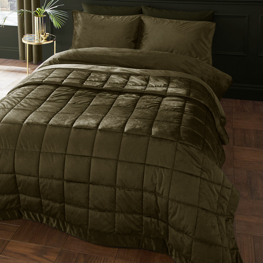 Catherine Lansfield Kingsley Matt Velvet Quilted Bedspread Green