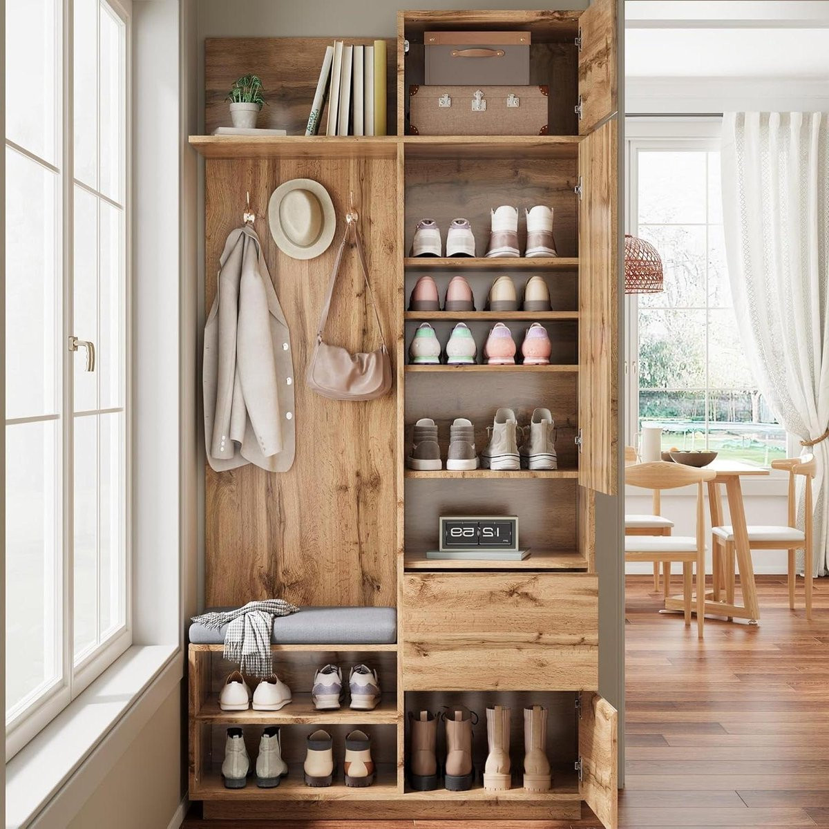 Multifunctionele 5-in-1 Garderobe Set Halmeubel voor Entree Organiseren - Breedte: 90 cm - Naturel