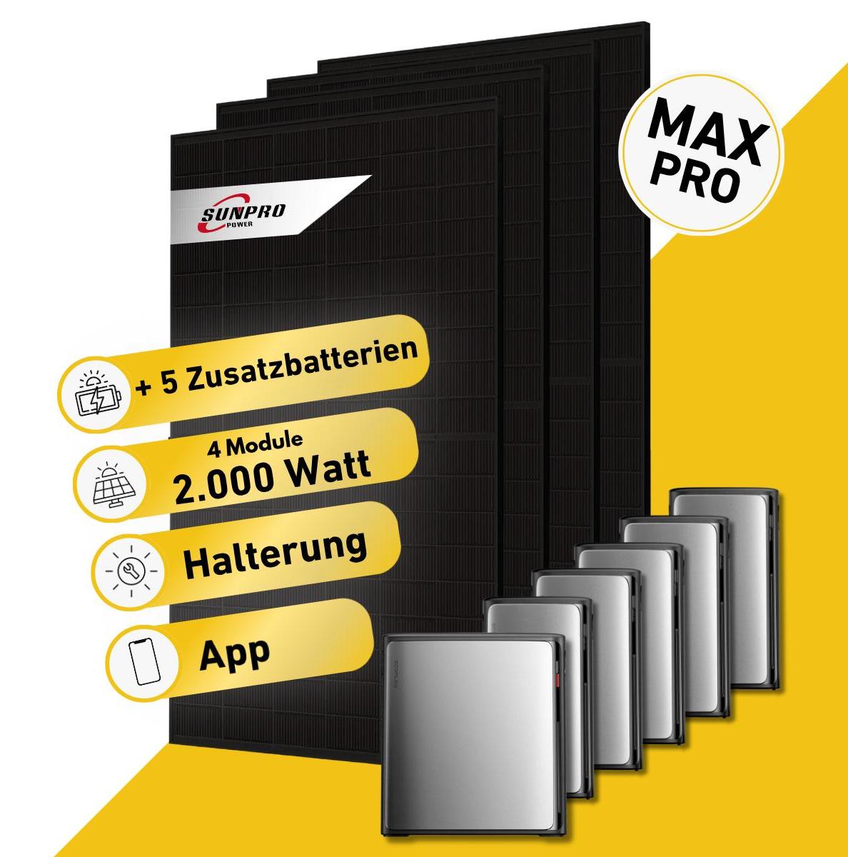 Balkonstrom Balkonkraftwerk 2000W Solaranlage mit Speicher | 5xZusatzspeicher | 4xSolarmodul | SunEnergyXT 500 Pro