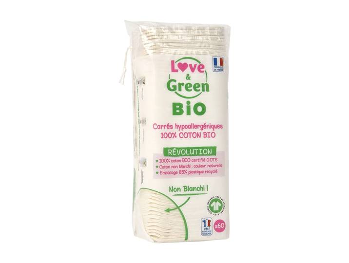 Love&Green Carrés hypoallergéniques 100% Coton Bio Non blanchis - 60 coton