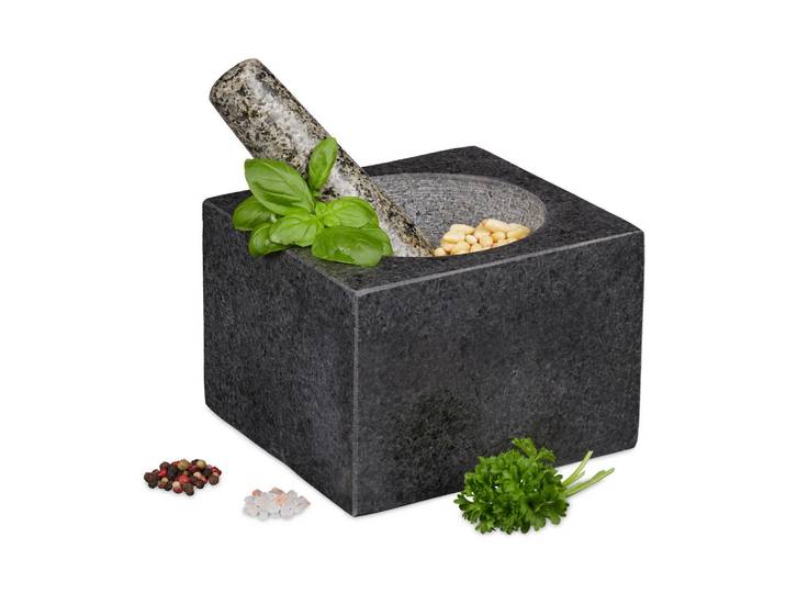 Relaxdays Mörser Dunkelgrau Granit mit Stößel, Anthrazit, Stein, 14.5x10.5x14.5 cm, Geschirr, Tischkultur & Serviergeschirr, Gewürzmühlen & Streuer