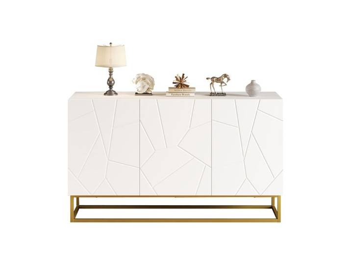 ULEVR Buffet bas rectangulaire 130 cm design moderne rainuré avec rangement 3 portes étagères réglables blanc et or