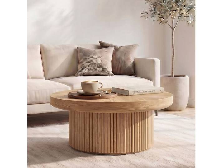 COVREO table basse ronde 78 cm plateau effet parquet base cylindrique cannelée bois naturel