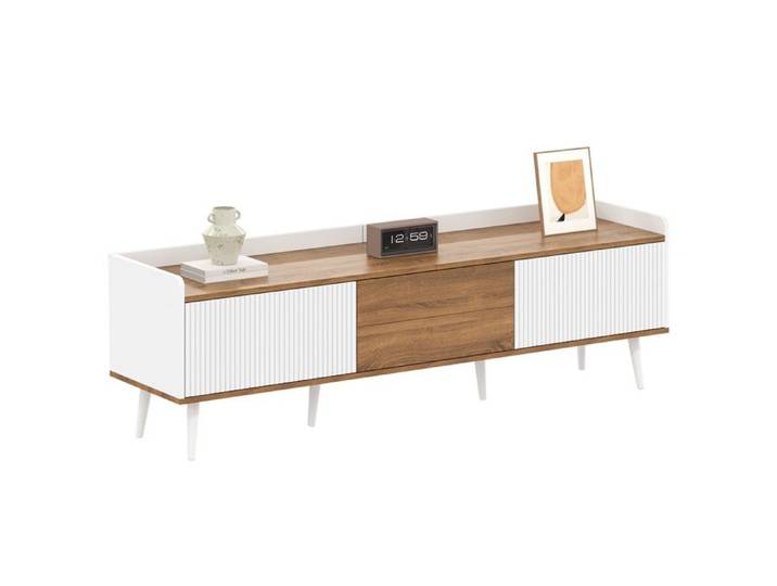 Meuble TV Blanc & Bois Naturel - Meuble Bas 3 Portes Compact pour Salon - Support Télé Design