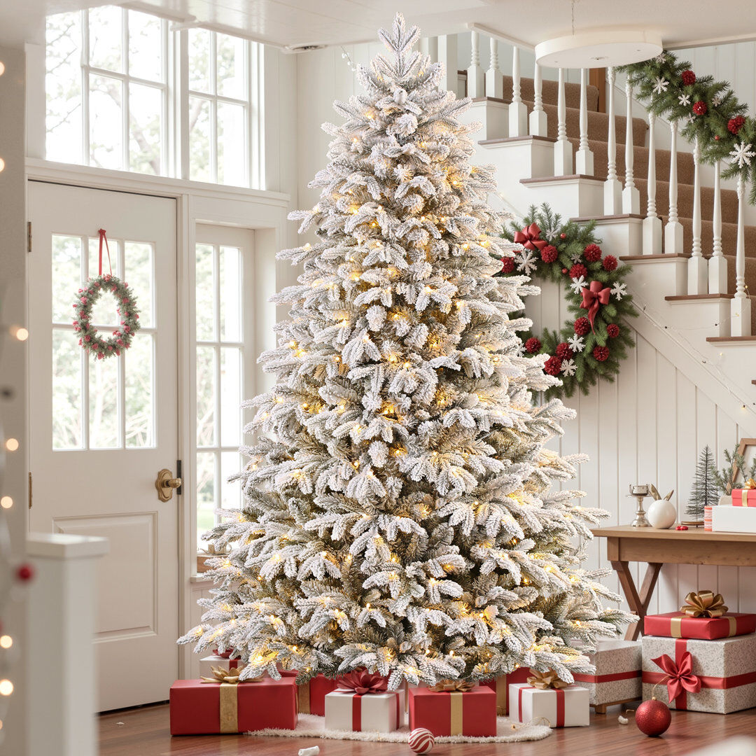 The Seasonal Aisle Pre-Lit Snow Flocked PE Cedar Artificial Christmas Tree White 7.5' H