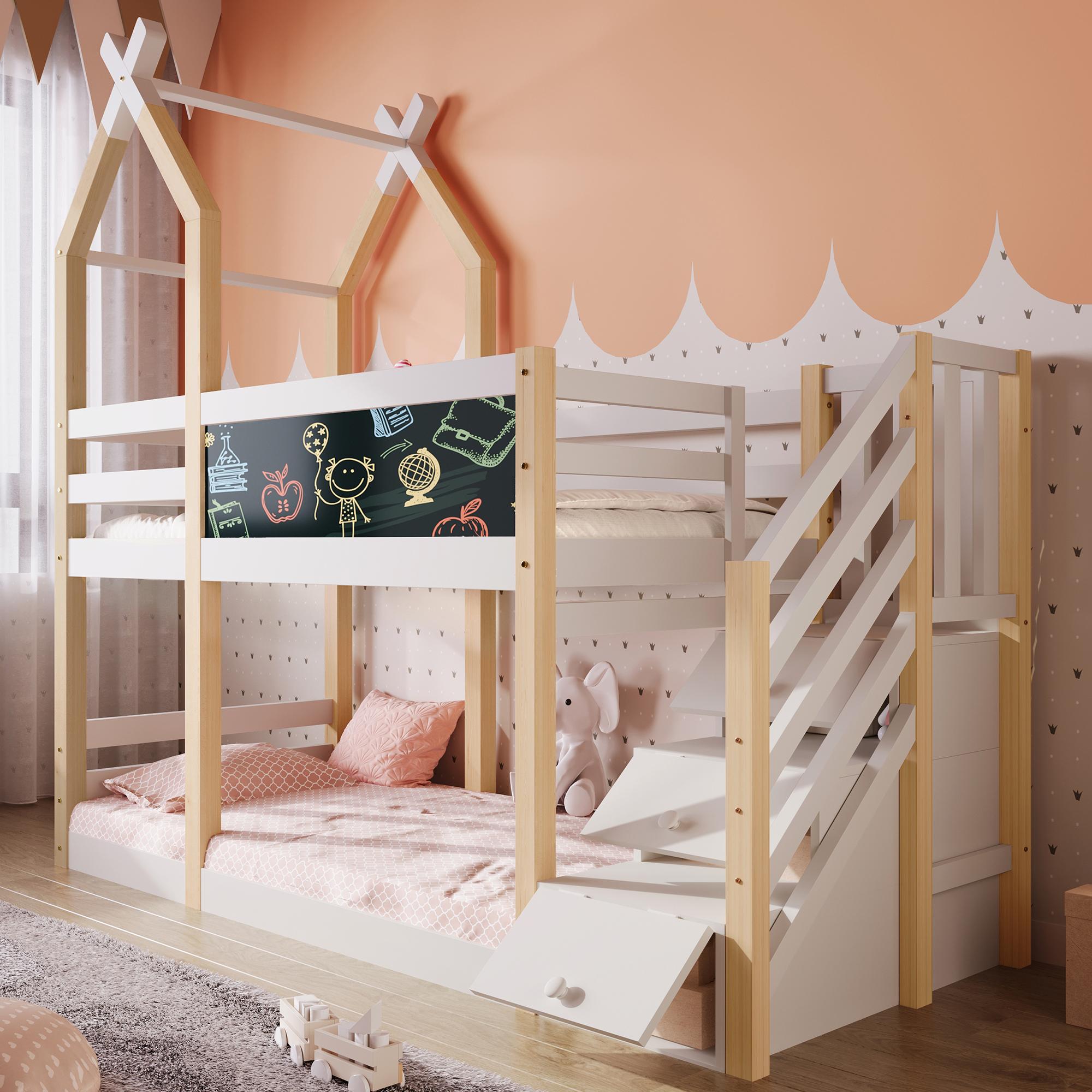 MODFU Etagenbett Kinderbett 90x200cm mit Tafel, Hochbett mit Rausfallschutz, Baumhaus Massivholzbett Stockbett mit Lattenrost, Jugendbett Bettgestell, Natur & Weiß