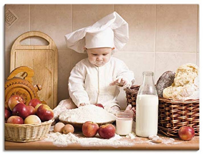 ARTLAND Wanddeko Leinwand Bilder Wandbild Küchenbilder Koch Backen Landhausstil Kochen Baby Süß U1UD