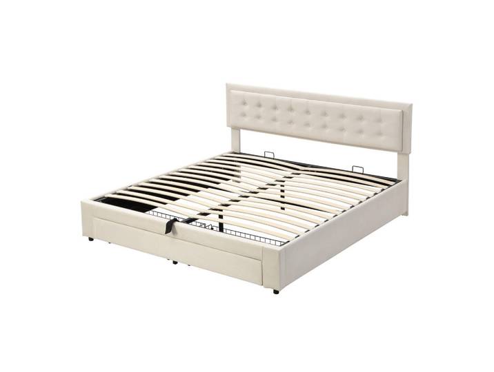 Modfu Polsterbett aus Samt 160x200 cm in Beige mit Stauraum, 160x200 cm, Schlafzimmer, Betten, Polsterbetten