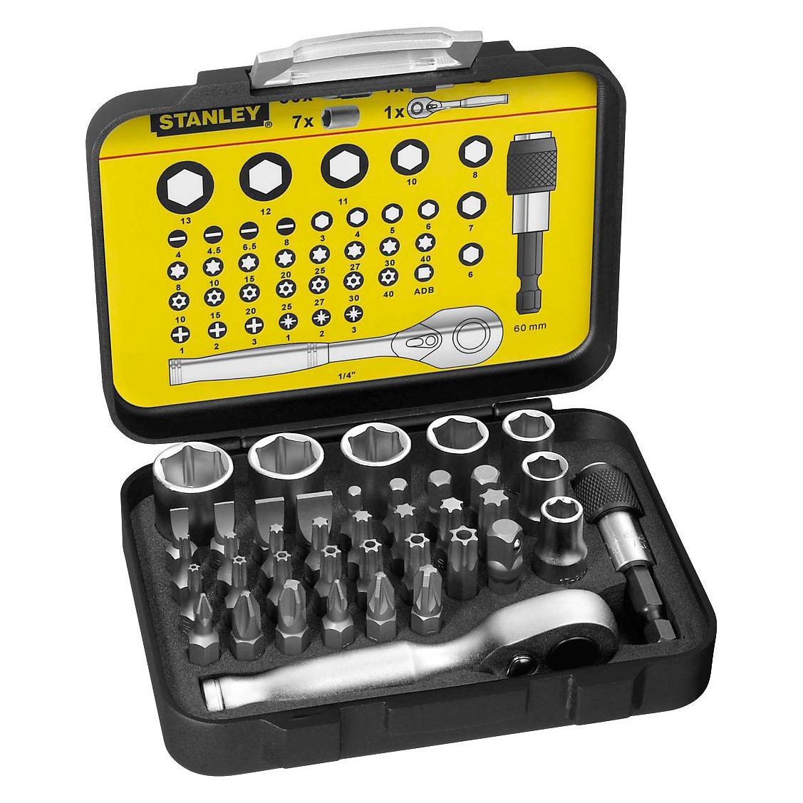 Stanley 1/4" BitSatz, 25mm, mit MiniUmschaltknarre und Steckschlüsseln, 39teilig (1-13-906)