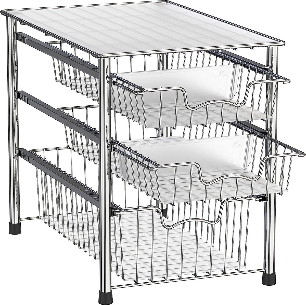 Stackbare organizer met 3 schuifbare mandjes in chroomafwerking