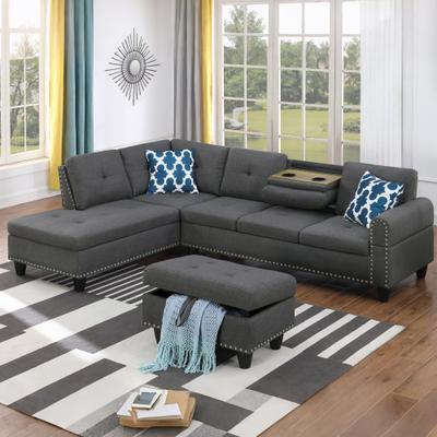 HOMEFUN Linen/Leather Upholstered L-Shaped 4-seater Multifunctional Sectional Sofa with Storage Ottoman,Cup Holder