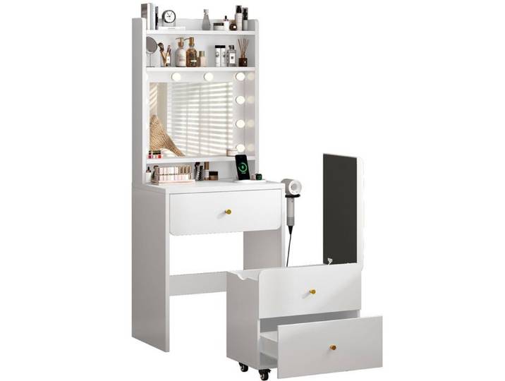 MIRALONO Coiffeuse Miroir LED à 3 Couleurs 2 Tiroirs 4 Compartiments Multiprise et Tabouret 59 8x40x160cm Blanc