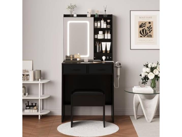 IDEALHOUSE Schminktisch mit LED Beleuchtung, Einstellbarer Helligkeit integrierter Stauraum, gepolsterter Hocker, platzsparendes Design für Schlafzimmer, Schwarz oder Weiß