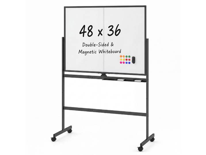 Mobiele Whiteboard met Standaard Magnetisch Bord Dubbelzijdig 360° Draaibaar Afsluitbare Wielen Inclusief Accessoires Zwart
