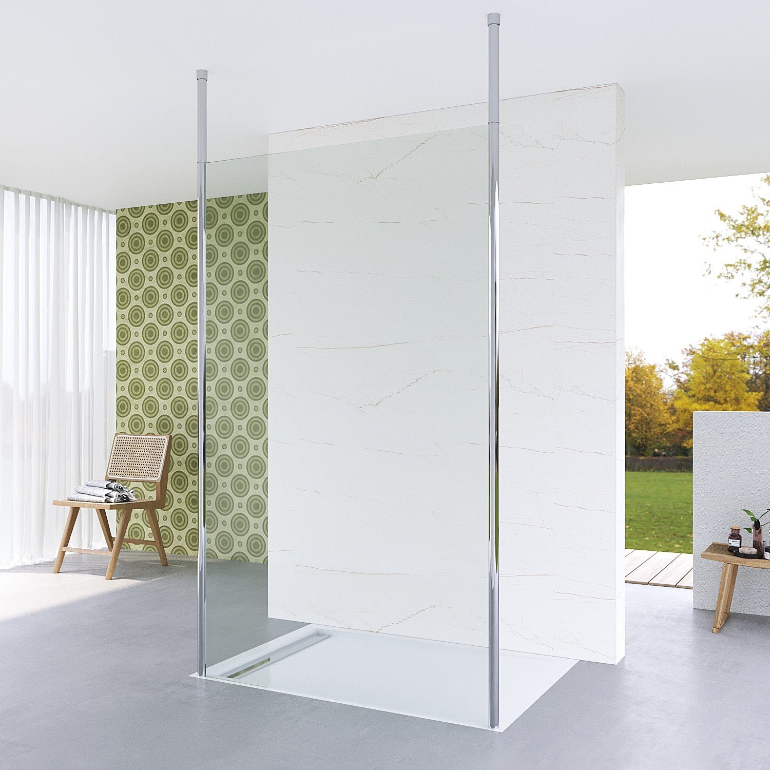 AQUALAVOS Duschwand für Dusche Duschtrennwand Glas Walk in Duschabtrennung Echtglas 8 mm starkes Einscheibensicherheitsglas mit Deckenstütze Nano-Beschichtung