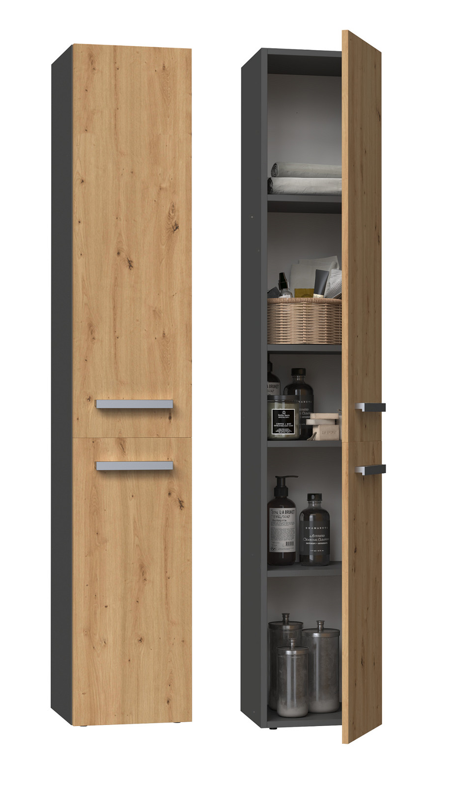 Topeshop NEL II ANT/ART opbergkast voor de badkamer, grafietkleur en eikenhout