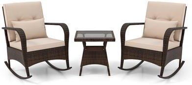 Costway 3 Piece Outdoor Rocking Set with Tempered Glass Coffee Table for Backyard Poolside-Brown