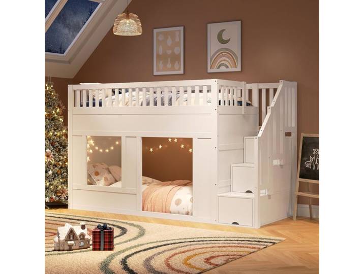 Lit Mezzanine Enfant 90x200cm avec Escalier de Rangement - Cadre de Lit Enfant Fenêtre - Cadre de Lit en Bois Stable-sans Matelas