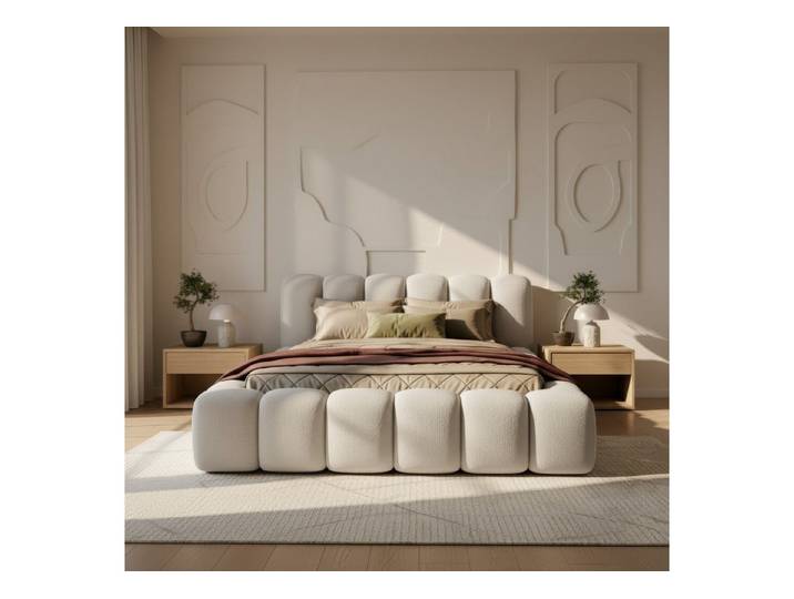 thematys Polsterbett mit Bettkasten, CLOUD 140x200 160x200 180x200 200x200cm (Kopfteil im Oversize-Look und Stauraum – weich, modern und pflegeleicht), hochwertiger Bouclé-Stoff in Kreme und Latte, Inklusive Lattenrost: Holzrahmen,hochwertiger Stoff), hochwertiger Bouclé-Stoff in Kreme und Latte