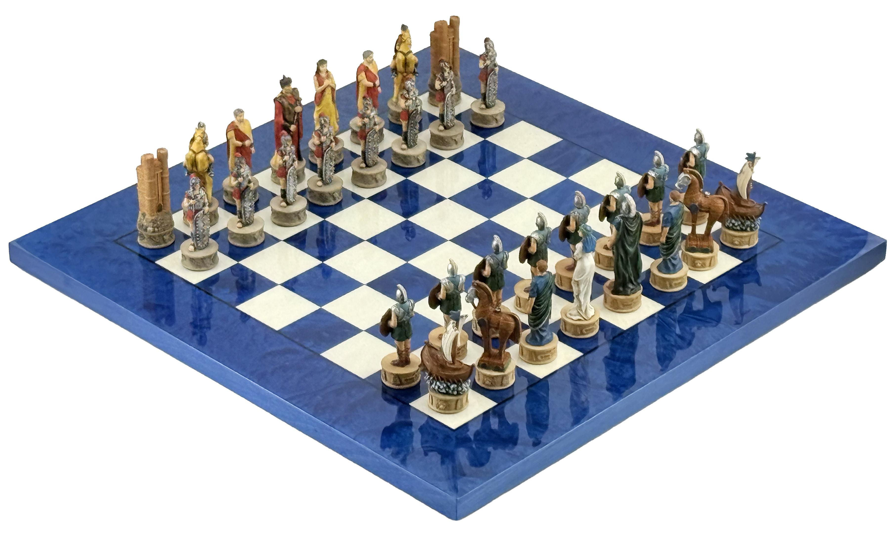 Schachspiel "Trojanischer Krieg" 8 cm + MADRONA-Schachbrett 42 x 42 cm