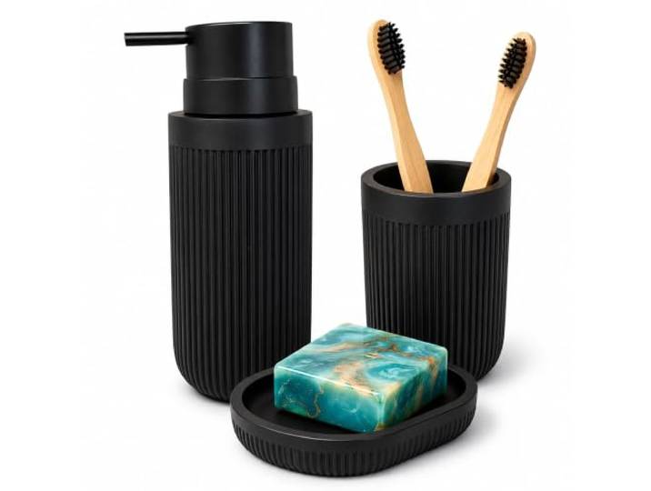 Accessoires de Salle de Bain Relaxdays\, 3 pièces\, Porte-Savon\, Distributeur de Savon\, gobelet\, polyresine\, Noir