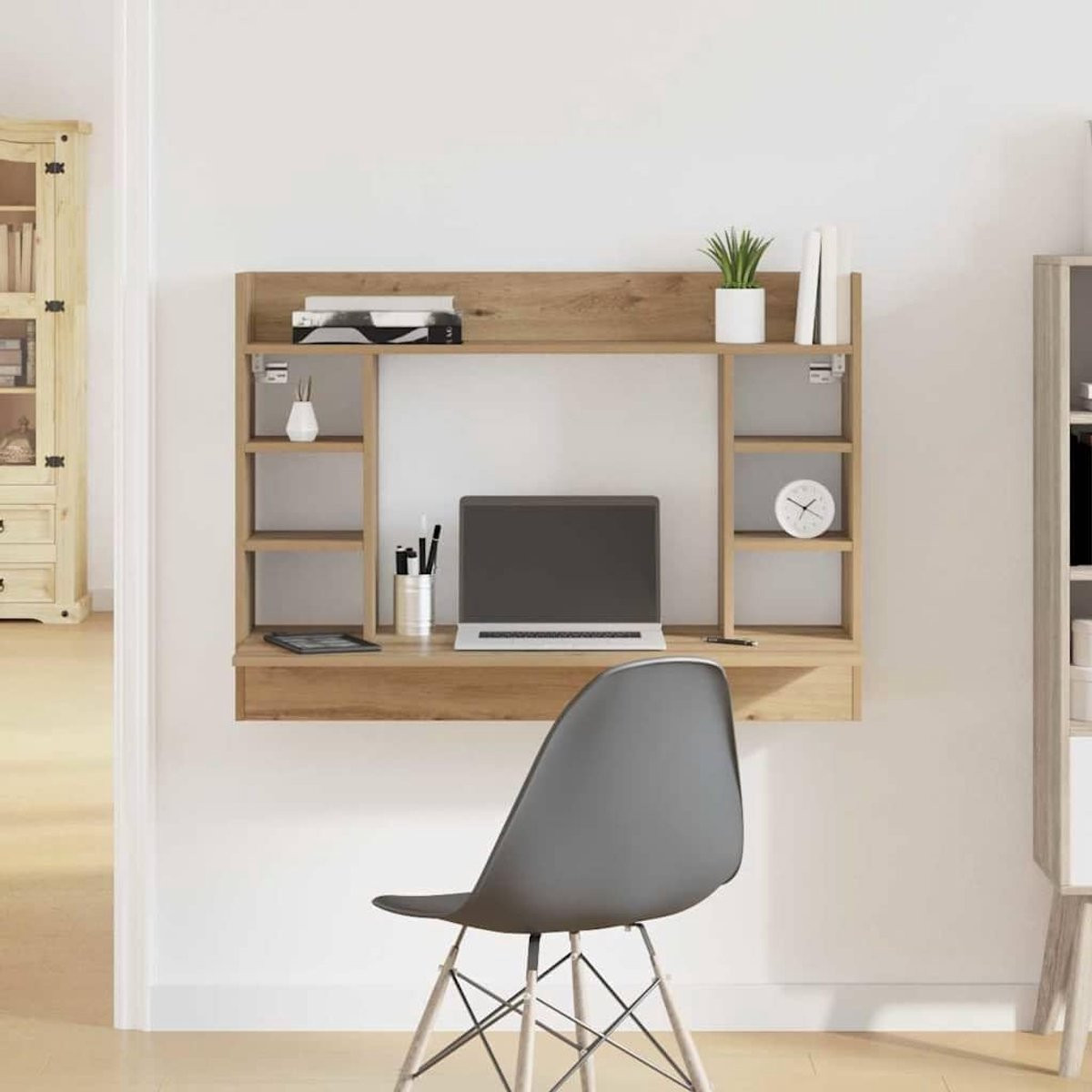 Ruimtebesparend opklapbaar wandbureau met planken voor thuiswerken - Zwart Eik - Breedte: 105 cm, Diepte: 48 cm