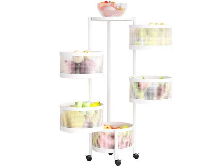 Desserte de cuisine - PROMIRACAL - Desserte à roulettes 5 niveaux - Panier rotatif rond - Roulettes 360° avec freins