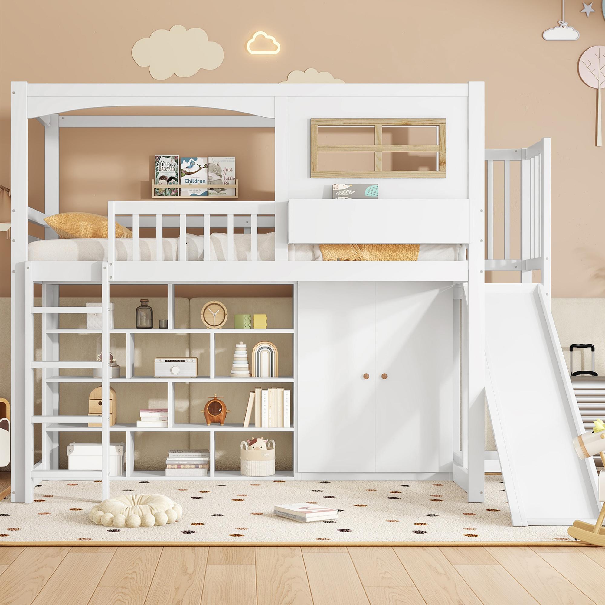 Kinder-Etagenbett mit Rutsche & Schrank - 3-in-1 Design mit Schlaf-, Spiel- & Stauraum - EN747 , 90x200 cm, weiß
