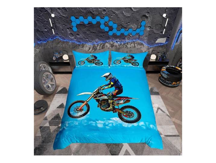 LuxusKollektion Kinderbettwäsche Bettwäsche Set 200x200cm Motocross Blau Sky