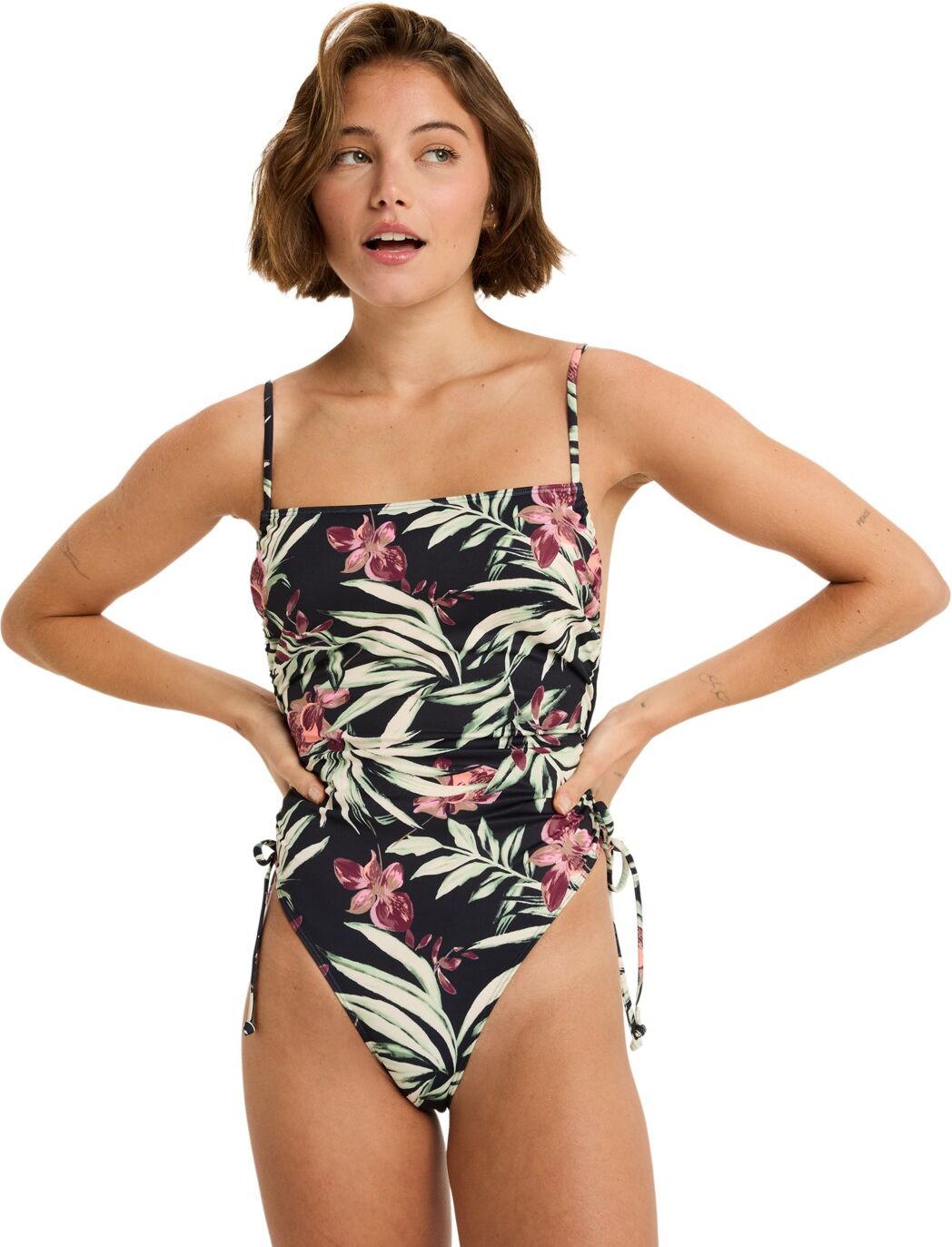 Badeanzug ROXY "Pt Beach Classics Fashion Op", Damen, Gr. S, grau (anthrazit wind swept floral), Recycling-Polyester, Badeanzüge Badeanzug