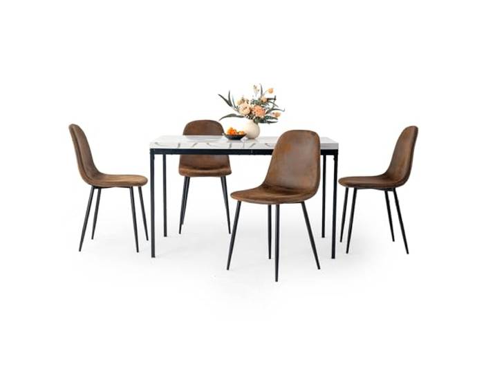 FurnitureR 5-teiliges Esszimmer Set, 120cm weißer Marmor Effekt Küchentisch mit Heavy Duty Metallbeinen 4 Wildleder Tan braune Stühle,Esszimmer Restaurant Apartments