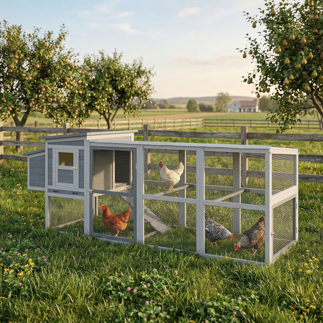 PawHut Large Chicken Coop Wooden Hen House with Covered Run Nesting Box Grey