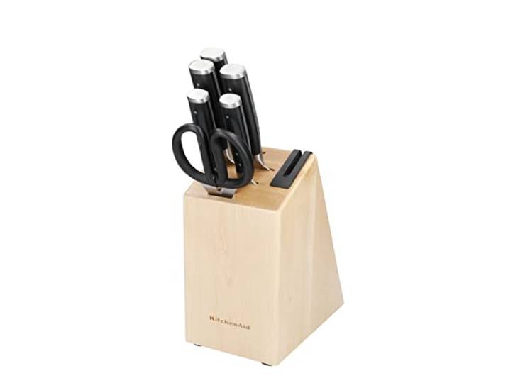 KitchenAid Gourmet Ensemble de 6 couteaux avec bloc de rangement\, manches noirs\, acier japonais - 5 couteaux\, ciseaux et aiguiseur